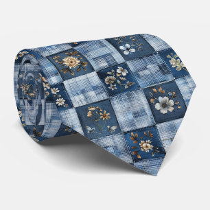 Floral Patchwork Pattern Boho Denim Neck Tie