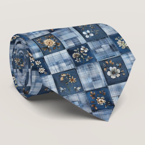 Floral Patchwork Pattern | Boho Denim Neck Tie Floral Patchwork Pattern | Boho Denim Neck Tie
