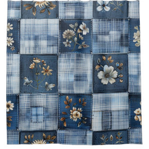 Floral Patchwork Pattern   Boho Denim Shower Curtain