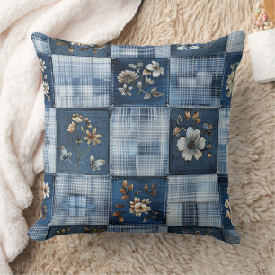 Floral Patchwork Pattern Boho Denim Throw Pillow