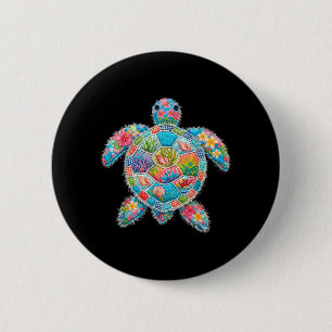Floral Patchwork Turtle Summer Retro Beach Sea Button