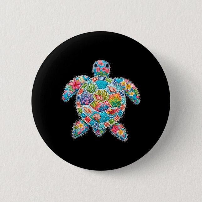 Floral Patchwork Turtle Summer Retro Beach Sea Button (Front)