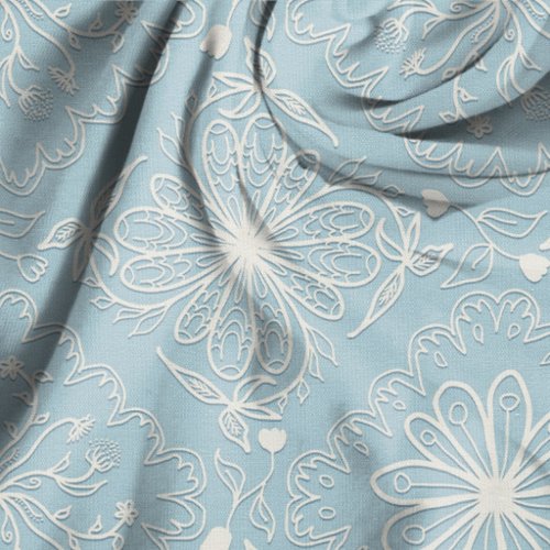 Floral Patchwork Vintage Blue Illustrated Pattern Fabric