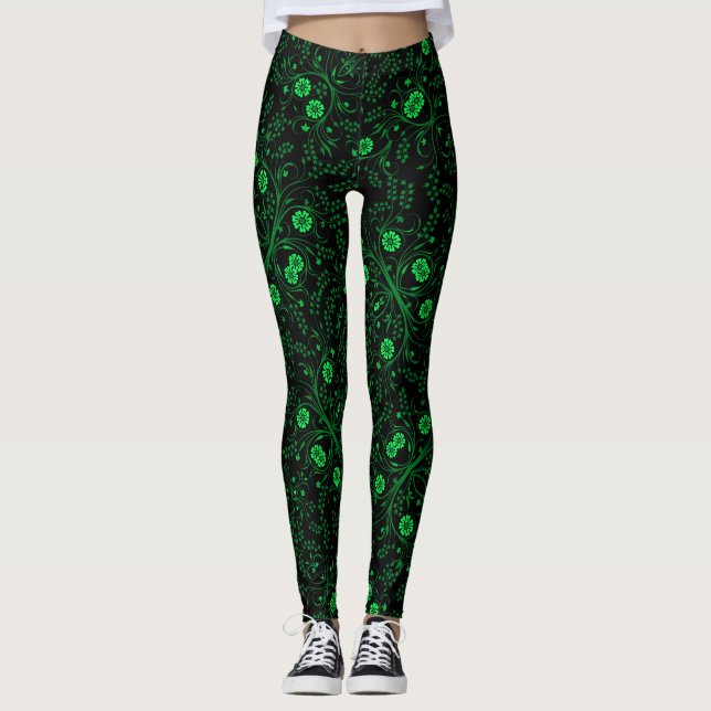 Floral pattern.01.FR.Green Black BG Leggings (Front)