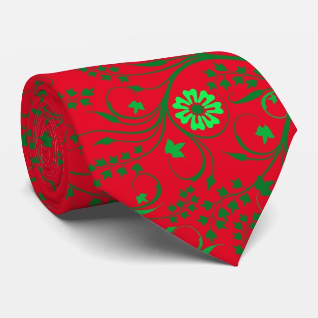 Floral pattern.01.FR.Green Red BG Neck Tie (Rolled)