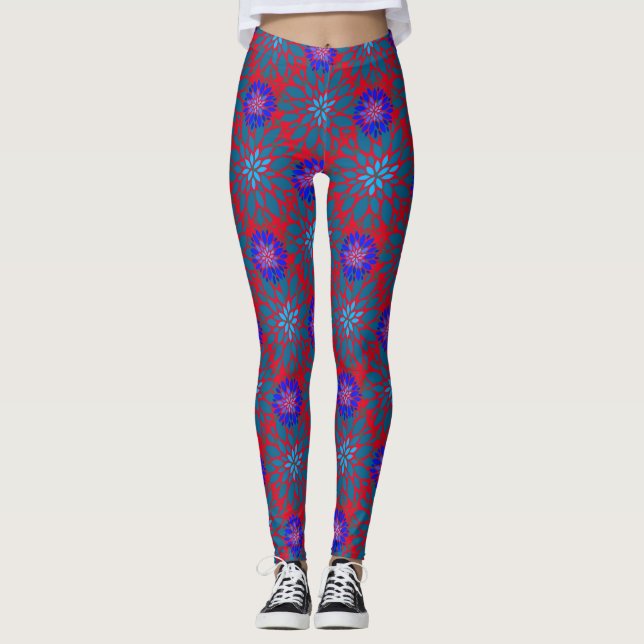 Floral pattern.05.FR.Bluex4b Red BG Leggings (Front)