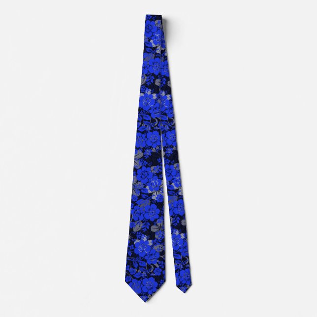 Floral pattern 15.blue.bx4 Black BG Neck Tie (Front)
