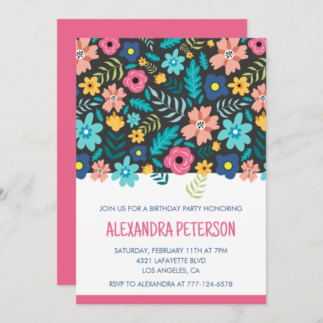 Floral Pattern 39th birthday invitations Pink (Front/Back)