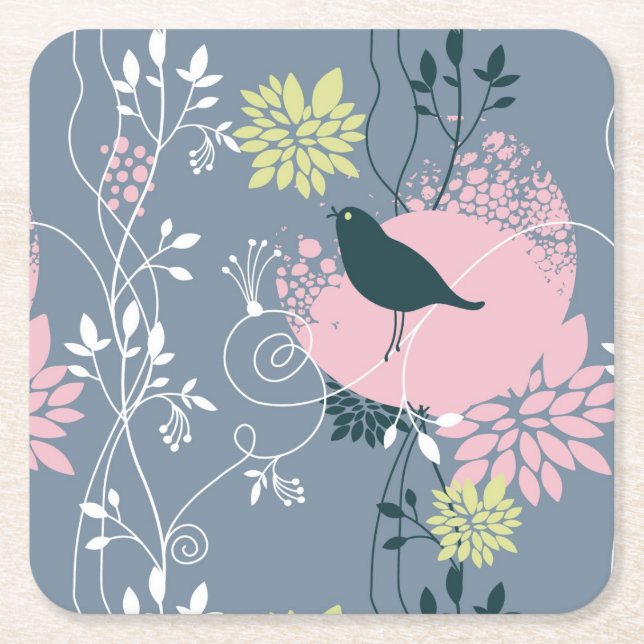 Floral Pattern 9 Square Paper Coaster (Front)
