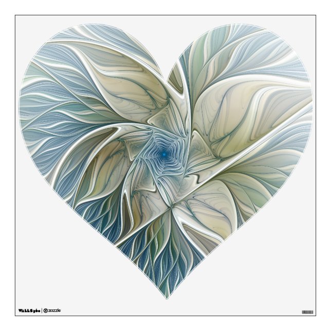Floral Pattern Abstract Blue Khaki Fractal Heart Wall Decal (Front)