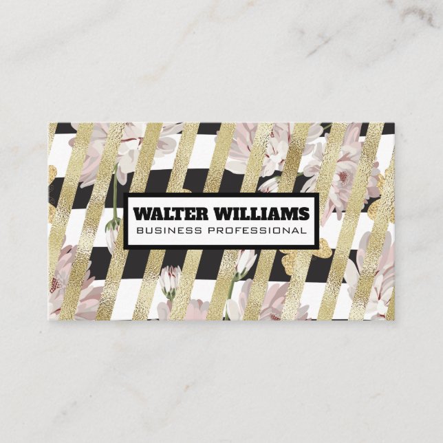 Floral pattern and Gold Foil Stripes Business Card (Front)