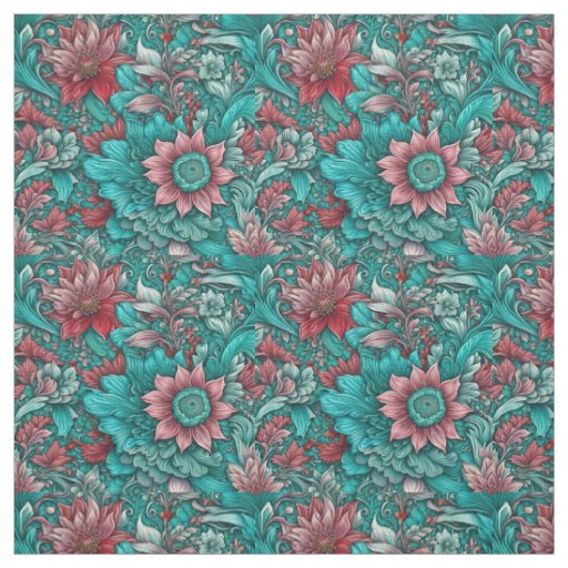 Floral Pattern, Aqua, Teal, Turquoise and Gray Fabric