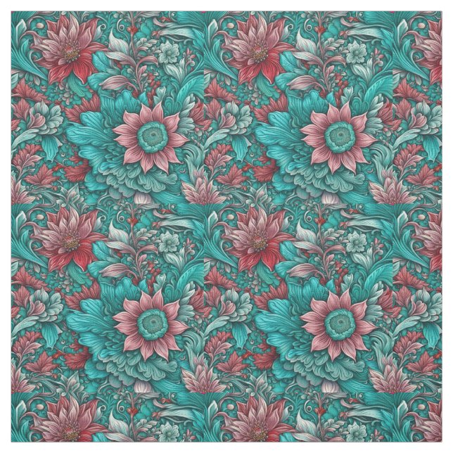 Floral Pattern, Aqua, Teal, Turquoise and Gray Fabric (Swatch)