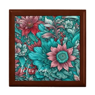 Floral Pattern, Aqua, Teal, Turquoise and Gray