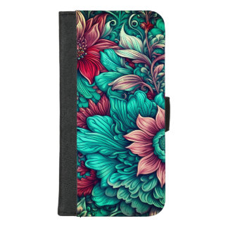 Floral Pattern, Aqua, Teal, Turquoise and Gray iPhone 8/7 Plus Wallet Case