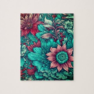Floral Pattern, Aqua, Teal, Turquoise and Gray
