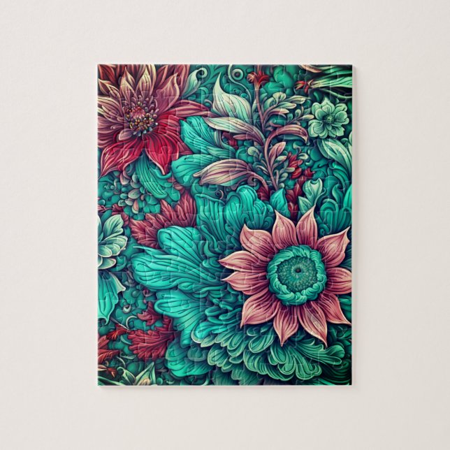 Floral Pattern, Aqua, Teal, Turquoise and Gray Jigsaw Puzzle (Vertical)