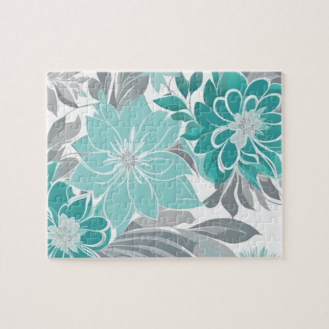 Floral Pattern, Aqua, Teal, Turquoise and Gray Jigsaw Puzzle (Horizontal)