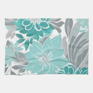 Floral Pattern, Aqua, Teal, Turquoise and Gray Kitchen Towel