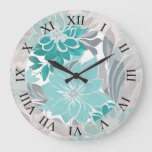 Floral Pattern, Aqua, Teal, Turquoise and Gray Large Clock