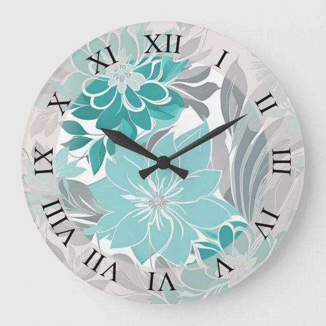 Floral Pattern, Aqua, Teal, Turquoise and Gray Large Clock (Front)