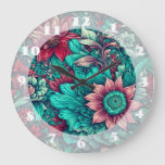Floral Pattern, Aqua, Teal, Turquoise and Gray Large Clock