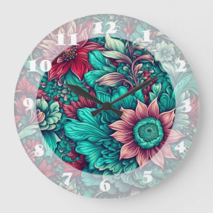 Floral Pattern, Aqua, Teal, Turquoise and Gray Large Clock