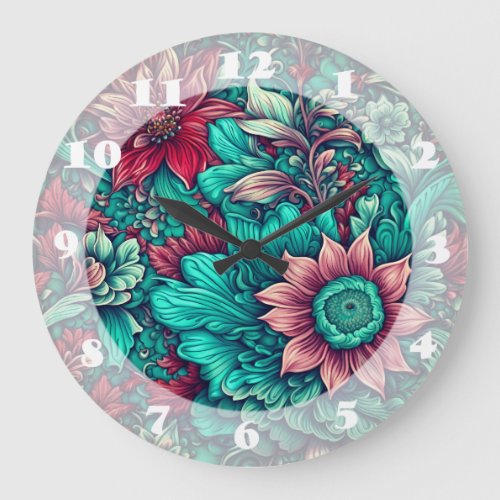 Floral Pattern Aqua Teal Turquoise and Gray Large Clock