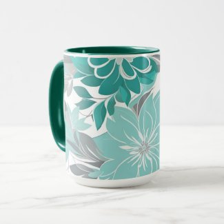 Floral Pattern, Aqua, Teal, Turquoise and Gray