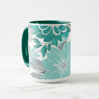 Floral Pattern, Aqua, Teal, Turquoise and Gray Mug