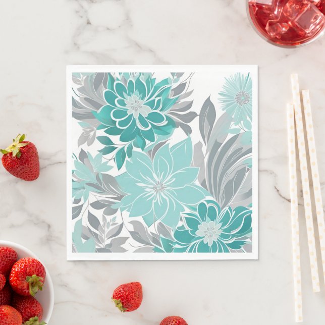 Floral Pattern, Aqua, Teal, Turquoise and Gray Napkins (Insitu)