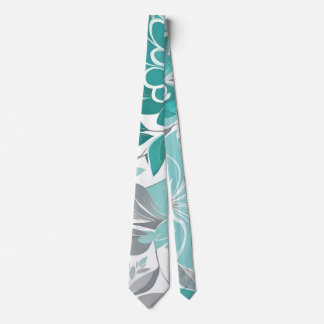 Floral Pattern, Aqua, Teal, Turquoise and Gray Neck Tie