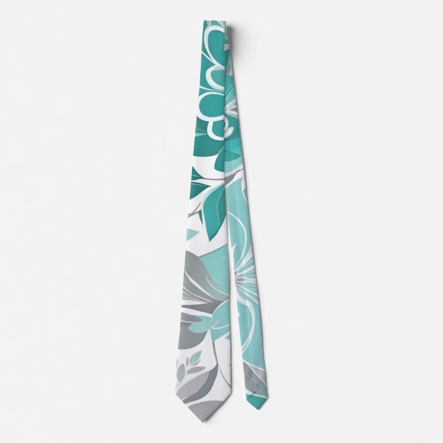 Floral Pattern, Aqua, Teal, Turquoise and Gray Neck Tie (Front)