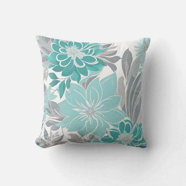 Floral Pattern, Aqua, Teal, Turquoise and Gray Outdoor Pillow (Front)