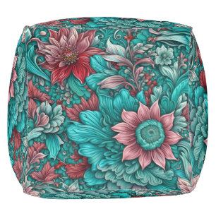 Floral Pattern, Aqua, Teal, Turquoise and Gray Pouf