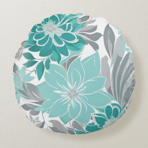 Floral Pattern, Aqua, Teal, Turquoise and Gray Round Pillow