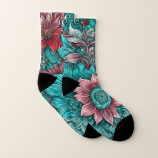 Floral Pattern, Aqua, Teal, Turquoise and Gray