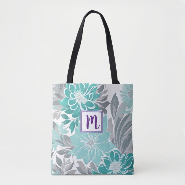 Floral Pattern, Aqua, Teal, Turquoise and Gray Tote Bag (Front)