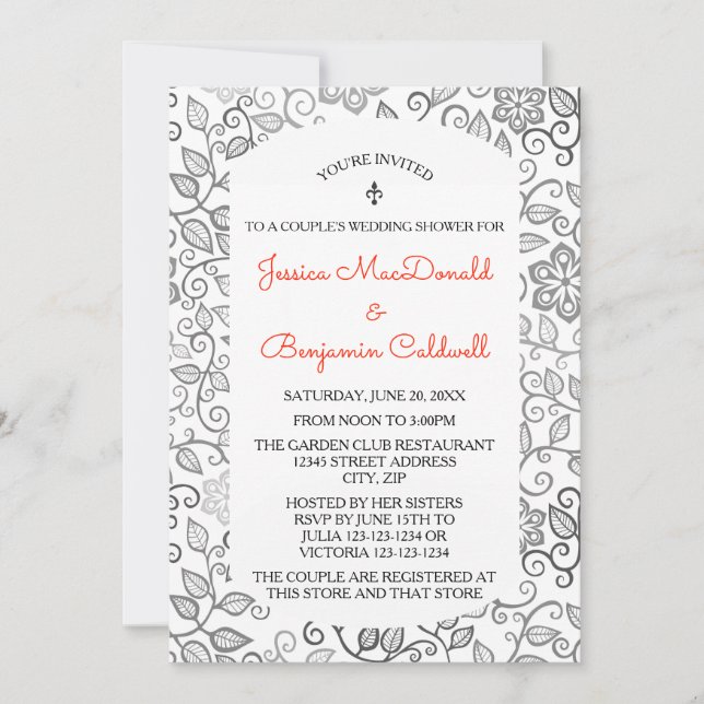 Floral Pattern B&W -Couple's Wedding Shower Invite (Front)