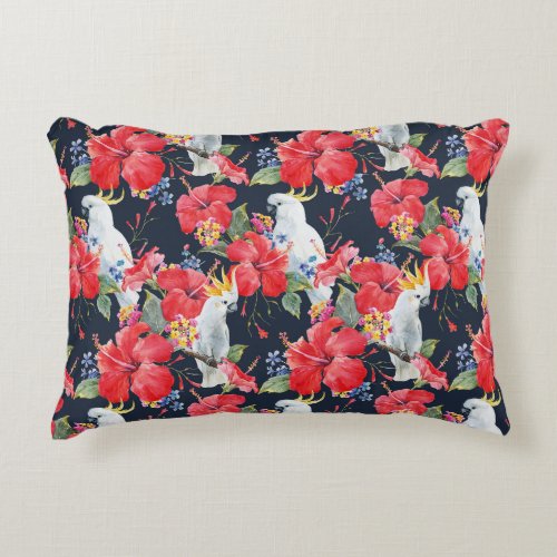 Floral Pattern Birds Flowers Foliage Red Hibiscus  Accent Pillow