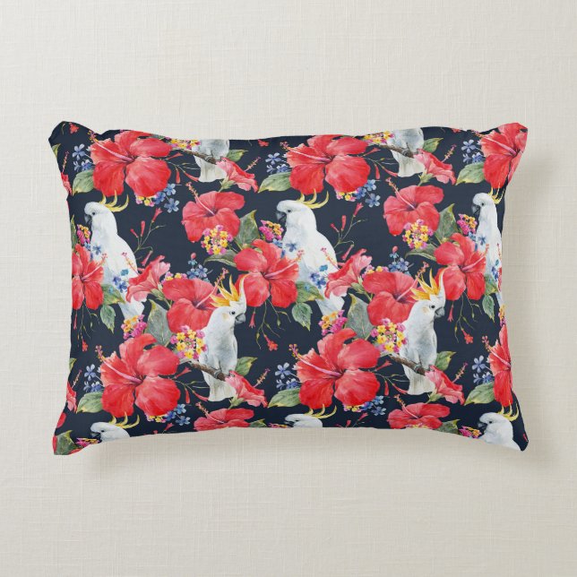 Floral Pattern Birds Flowers Foliage Red Hibiscus  Accent Pillow (Front)
