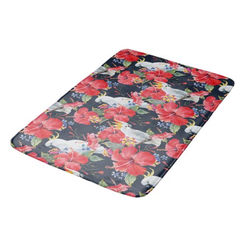 Floral Pattern Birds Flowers Foliage Red Hibiscus  Bath Mat