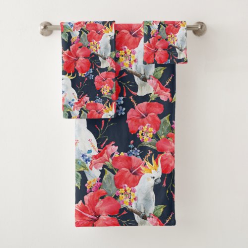 Floral Pattern Birds Flowers Foliage Red Hibiscus  Bath Towel Set