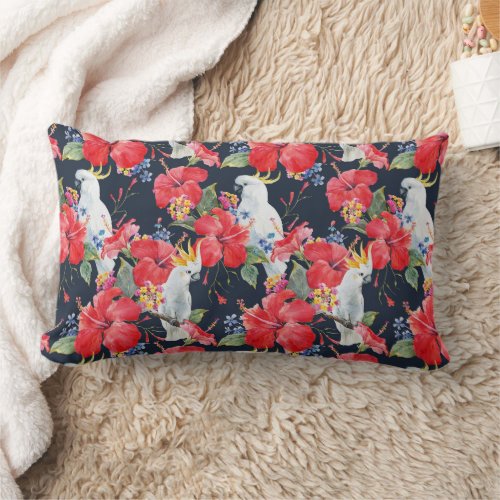 Floral Pattern Birds Flowers Foliage Red Hibiscus  Lumbar Pillow