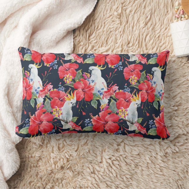 Floral Pattern Birds Flowers Foliage Red Hibiscus  Lumbar Pillow (Blanket)