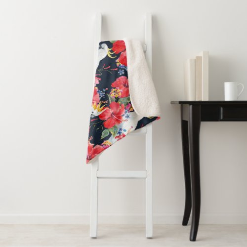 Floral Pattern Birds Flowers Foliage Red Hibiscus  Sherpa Blanket