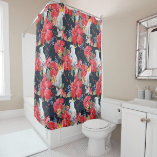 Floral Pattern Birds Flowers Foliage Red Hibiscus Shower Curtain