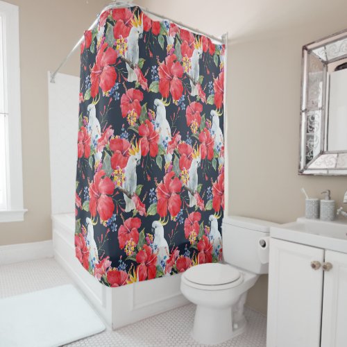 Floral Pattern Birds Flowers Foliage Red Hibiscus  Shower Curtain