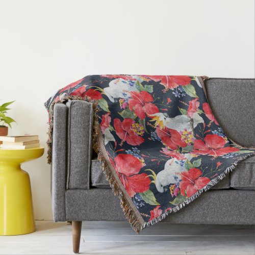 Floral Pattern Birds Flowers Foliage Red Hibiscus  Throw Blanket