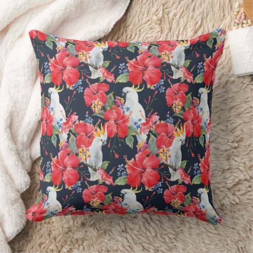 Floral Pattern Birds Flowers Foliage Red Hibiscus  Throw Pillow